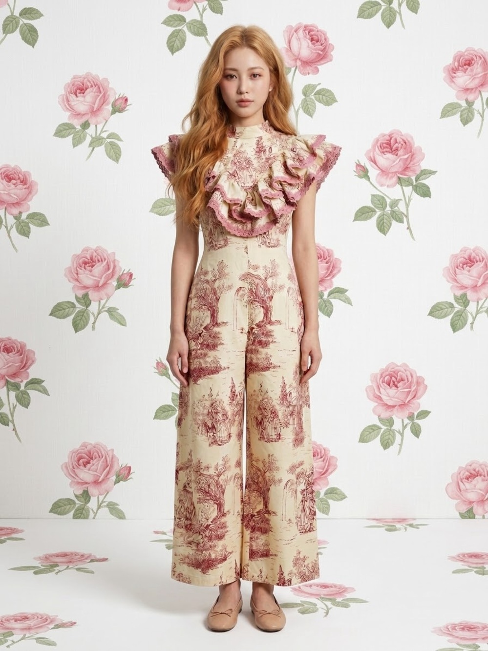 🌹 One-of-a-Kind Tailored Vintage Toile Ruffle Playsuit / Jumpsuit